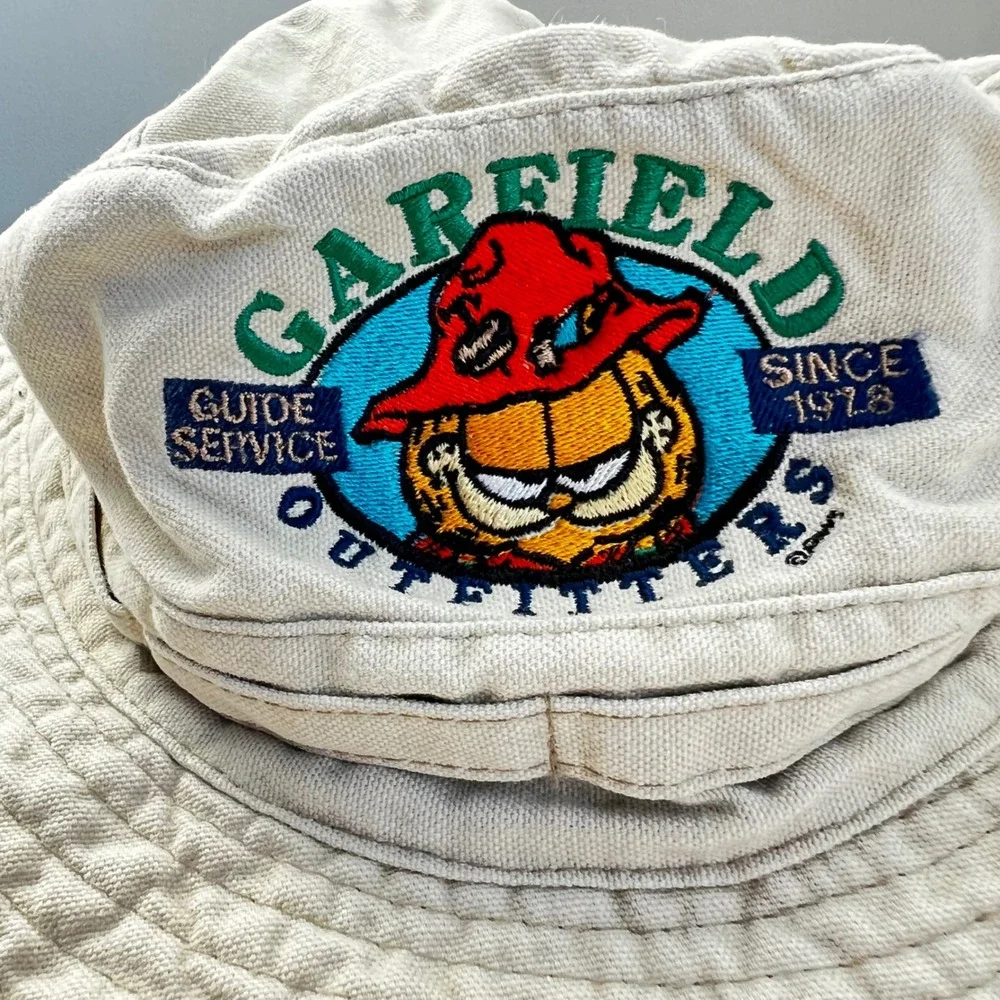 Vintage Garfield Outfitters Bucket Hat Beige Embroidered Sun Hat 90s OCT